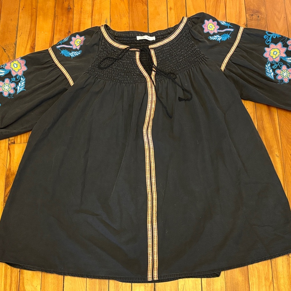 MAYBE WANG Black Embroidered Peasant Blouse with Tie Neck - Large (Oversized)